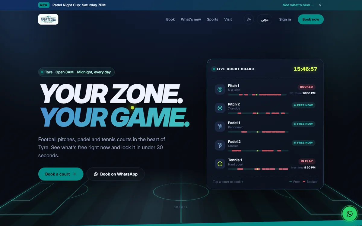 Sport Zona website: live court board and booking